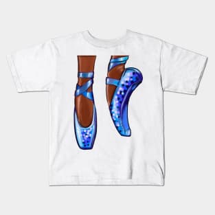 Ballet pointe shoes in blue. Dance African American dancer dancing brown Ballerina Kids T-Shirt